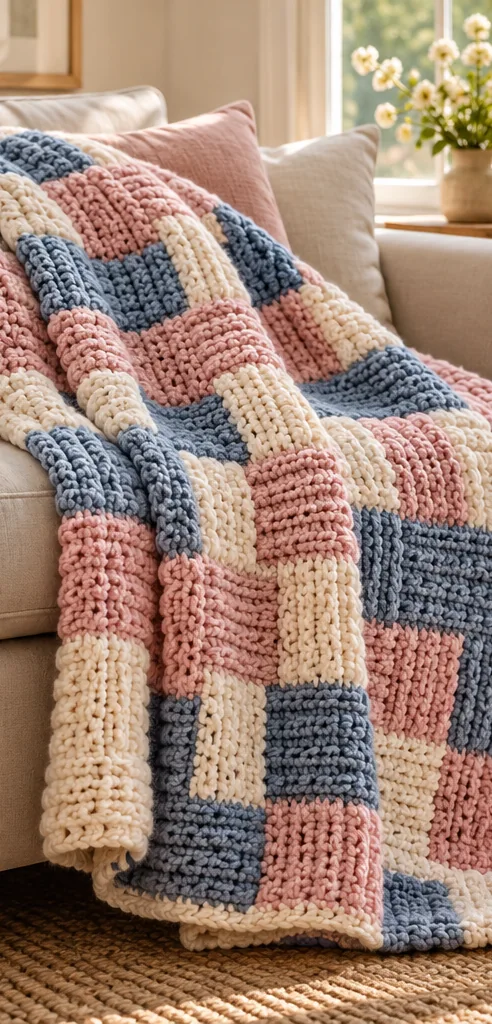 Illustrazione editoriale: Coperta basketweave rosa, crema e blu