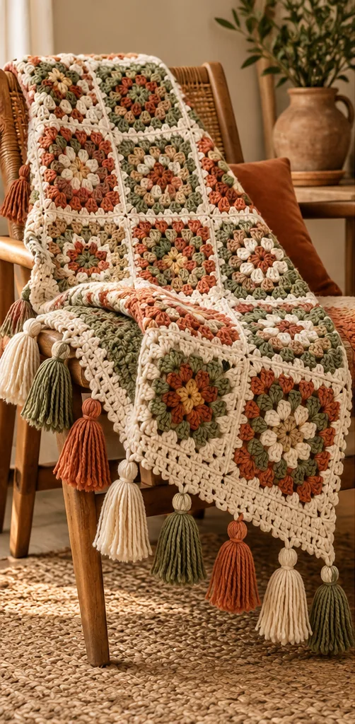 Illustrazione editoriale: Coperta boho a mattonelle con nappe