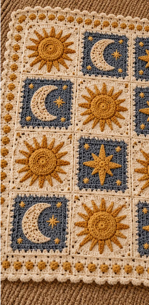 Illustrazione editoriale: Coperta a mattonelle sole, luna e stelle