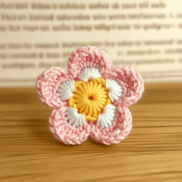 Fiore rosa all’uncinetto a cinque petali, immagine illustrativa